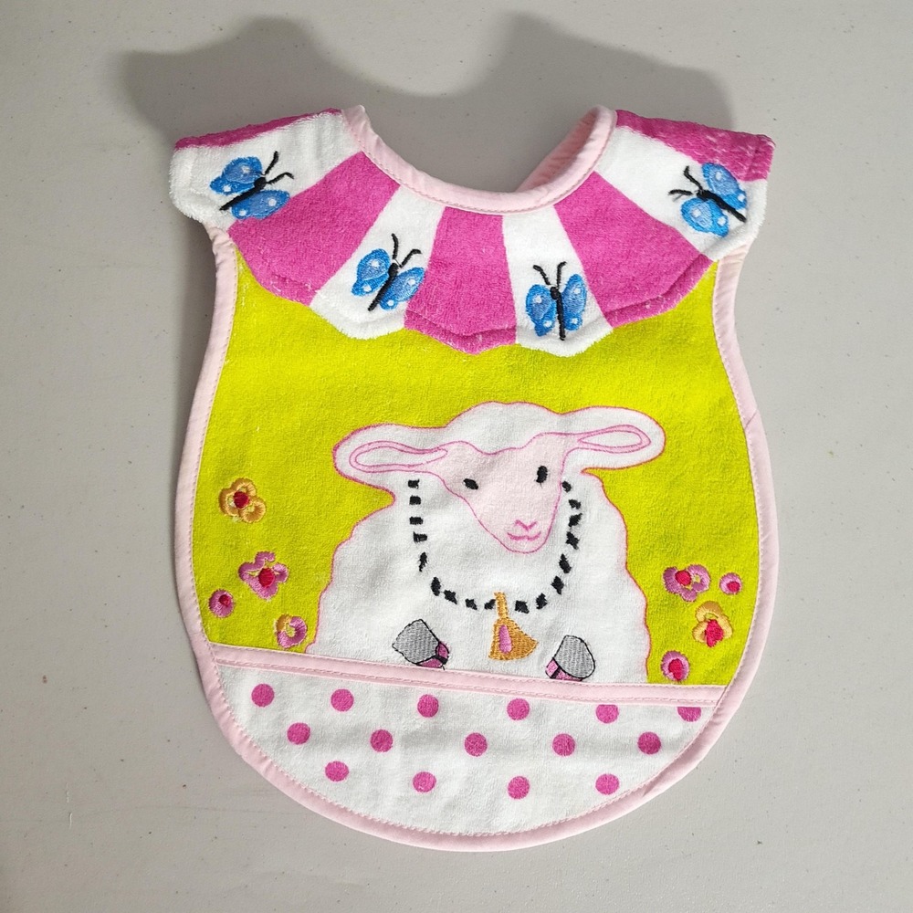 MacKenzie Childs Baby Bib Cotton Drool Pink Yellow Lamb Butterflies Tie Closure